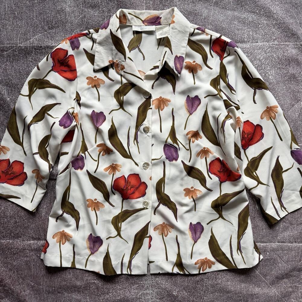 Women's Vintage 80's Worthington White Floral Button Up Blouse Shirt Sz 8 (P)